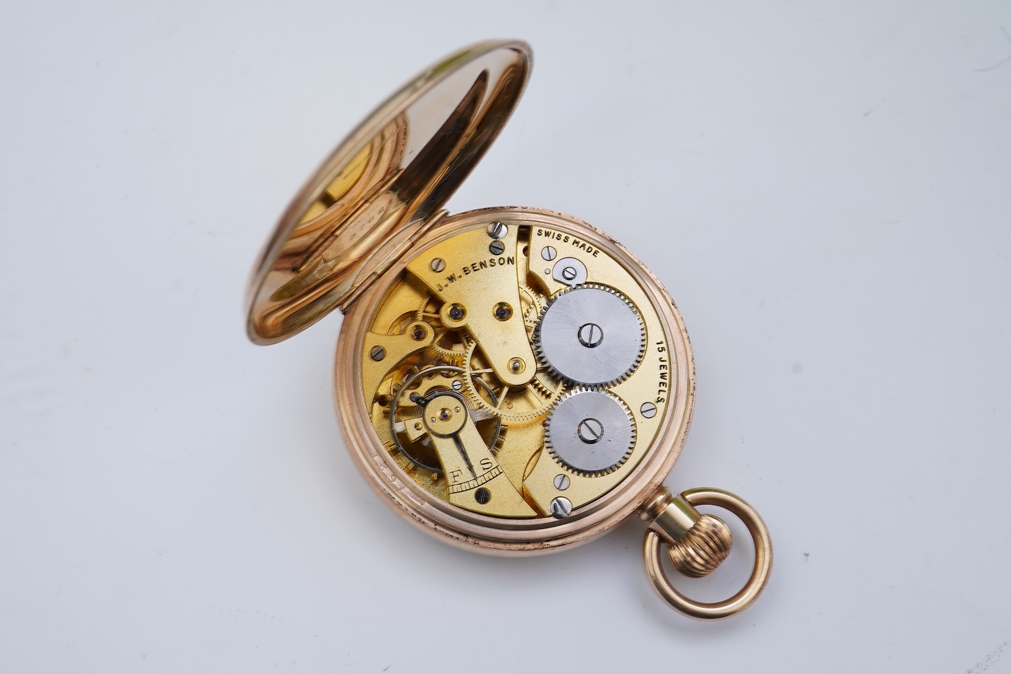 A George V 9ct gold J. W. Benson open faced keyless pocket watch